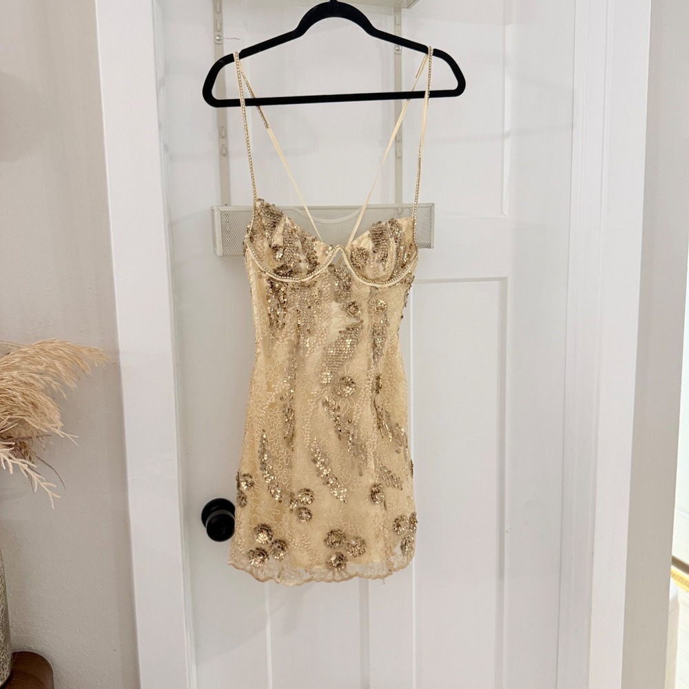 For Love & Lemons Opal Mini Dress Gold Lace Sequin Rhinestone Underwire S New